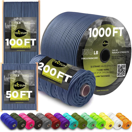 Picture of TECEUM Paracord Type III 550 Blue Oil - 1000 ft - 4mm - Tactical Rope MIL-SPEC - Outdoor para Cord - Camping Hiking Fishing Gear - EDC Parachute Cord - Strong Survival Rope 420
