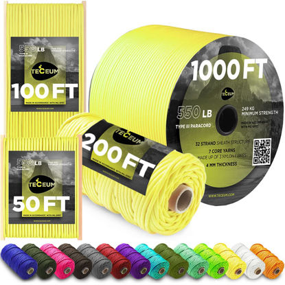Picture of TECEUM Paracord Type III 550 Yellow - 1000 ft - 4mm - Tactical Rope MIL-SPEC - Outdoor para Cord - Camping Hiking Fishing Gear - EDC Parachute Cord - Strong Survival Rope 019
