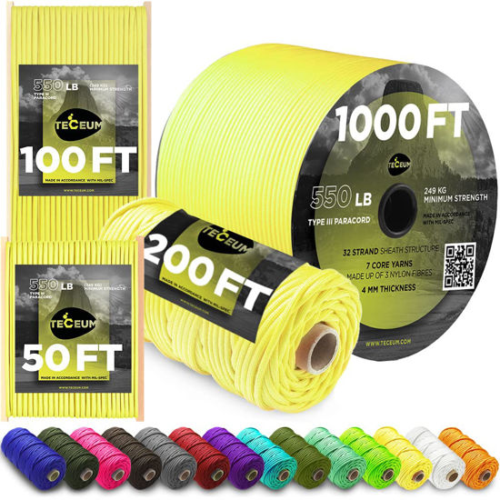 Picture of TECEUM Paracord Type III 550 Yellow - 1000 ft - 4mm - Tactical Rope MIL-SPEC - Outdoor para Cord - Camping Hiking Fishing Gear - EDC Parachute Cord - Strong Survival Rope 019