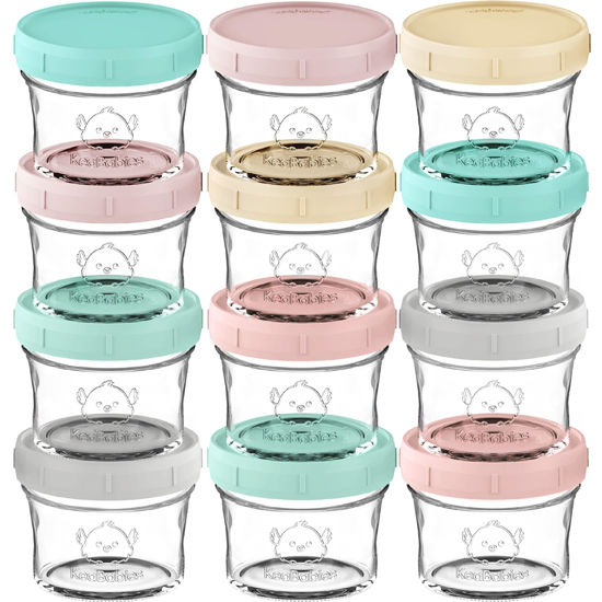 Picture of KeaBabies 12-Pack Glass Baby Food Containers- 4 oz Leak-Proof, Microwavable Baby Food Storage Containers, Baby Food Freezer Tray,Puree Glass Baby Food Jars,Baby Bullet Jars with Lids (Pastels)