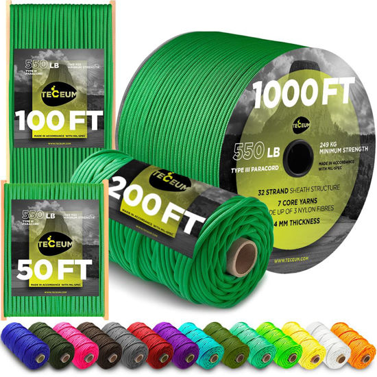 Picture of TECEUM Paracord Type III 550 Green - 1000 ft - 4mm - Tactical Rope MIL-SPEC - Outdoor para Cord - Camping Hiking Fishing Gear - EDC Parachute Cord - Strong Survival Rope 025