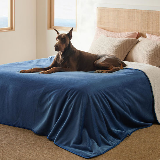 Picture of Bedsure Waterproof Blanket for Bed - Sherpa Fleece Waterproof Dog Blankets for Large Dogs, Pet Blankets for Bed/Couch/Dog Crate, Soft Plush Reversible Furniture Protector, King Size, 108"x86", Blue