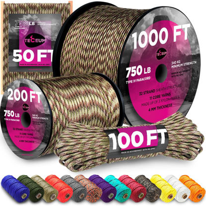 Picture of TECEUM Paracord Type IV 750 lb Camo - 1000 ft - 4mm - 100% Nylon Strong Tactical MIL-SPEC Parachute Cord - Survival Rope Emergency para Cord 11 Strands Core EDC Camping Hiking Military Gear 788a