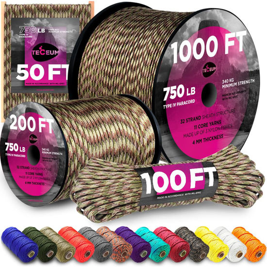 Picture of TECEUM Paracord Type IV 750 lb Camo - 1000 ft - 4mm - 100% Nylon Strong Tactical MIL-SPEC Parachute Cord - Survival Rope Emergency para Cord 11 Strands Core EDC Camping Hiking Military Gear 788a