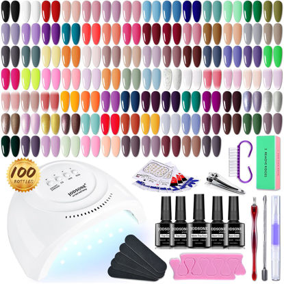 Picture of JODSONE 100 Bottles of Gel Nail Polish Kit with U V Led Light 95 Multiple Glossy Glitter Colors Mint Green Light Pink Nail Gel Base Coat Glossy and Matte Top Coat Gel Polish Kit