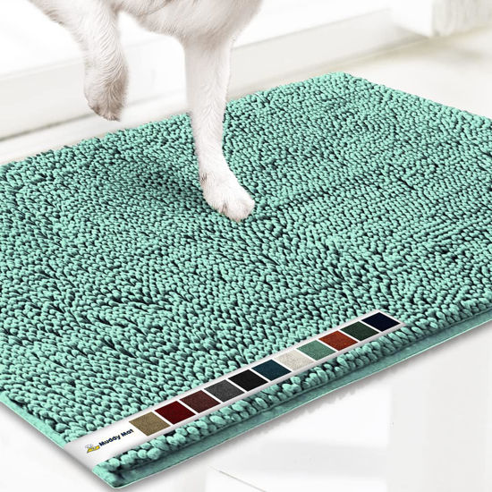 Picture of Muddy Mat® AS-SEEN-ON-TV Highly Absorbent Microfiber Door Mat and Pet Rug, Non Slip Thick Washable Area and Bath Mat Soft Chenille for Kitchen Bedroom Indoor and Outdoor - Seafoam Green Runner 59"X24"