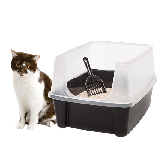 Picture of IRIS USA Large Cat Litter Box with Scatter Shield and Scoop, Open Top High Sided Cat Litter Pan, Black