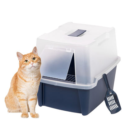 Picture of IRIS USA Large Cat Litter Box Enclosure with Front Door Flap and Scoop, Hooded Kitty Litter Tray with Entry Gate for Privacy, Navy