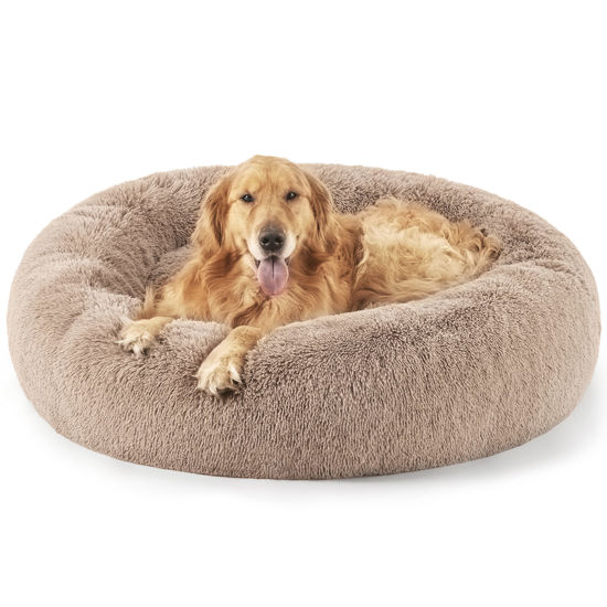 Picture of Bedsure Calming Dog Bed for Extra Large Dogs - Donut Washable Large Pet Bed, 45 inches Anti-Slip Round Fluffy Plush Faux Fur Dog Bed, Fits up to 125 lbs Pets, Camel