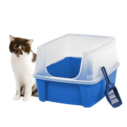 Picture of IRIS USA Large Cat Litter Box with Scatter Shield and Scoop, Open Top High Sided Cat Litter Pan, Blue