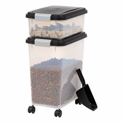 Picture of IRIS USA 30 lbs & 11 lbs Combo Airtight Dog Food Storage Container, Stackable Treat Box, 2-Cup Scoop, Wheels, Keep Fresh, Easy Mobility, Black