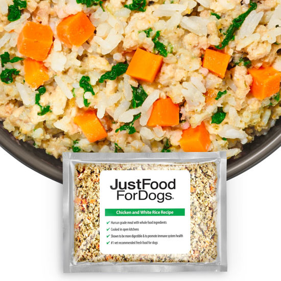 Picture of JustFoodForDogs Frozen Fresh Dog Food, Complete Meal or Dog Food Topper, Chicken & White Rice Human Grade Dog Food Recipe, 18 oz (Pack of 21)