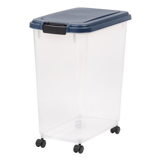 Picture of IRIS USA WeatherPro Airtight Dog Food Storage Container, Up to 40 lbs, Attachable Wheels, For Dog Cat Bird and Other Pet Food Storage Bin, Keep Fresh, Translucent Body, Easy Mobility, Navy