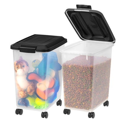 Picture of IRIS USA Dog Food Storage Container, 2 Pack, Up to 30 lbs Each, Airtight Seal for Freshness, Wheels for Rolling, Easy One Hand Opening, Made in USA, BPA Free, Clear/Black