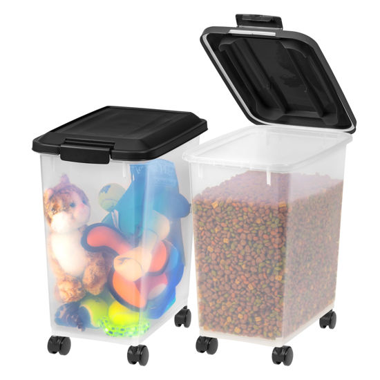 Picture of IRIS USA Dog Food Storage Container, 2 Pack, Up to 30 lbs Each, Airtight Seal for Freshness, Wheels for Rolling, Easy One Hand Opening, Made in USA, BPA Free, Clear/Black