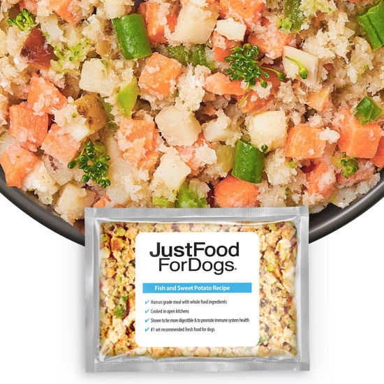 Picture of JustFoodForDogs Frozen Fresh Dog Food, Complete Meal or Dog Food Topper, Fish & Sweet Potato Human Grade Dog Food Recipe, 72 oz (Pack of 7)