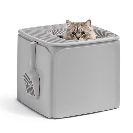 Picture of IRIS USA Large Premium Square Top Entry Cat Litter Box with Scoop, Kitty Litter Pan with Litter Particle Catching Cover and Privacy Walls, Gray