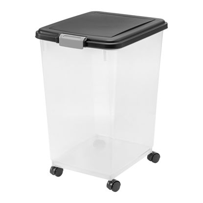 Picture of IRIS USA WeatherPro Airtight Dog Food Storage Container, Up to 54 lbs, Attachable Wheels, For Dog Cat Bird and Other Pet Food Storage Bin, Keep Fresh, Translucent Body, Easy Mobility, Black