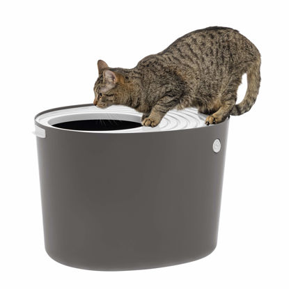 Picture of IRIS USA Large Top Entry Cat Litter Box with Scoop, Stylish Round Cat Litter Box Enclosure, Kitty Litter Box, Dark Gray/White