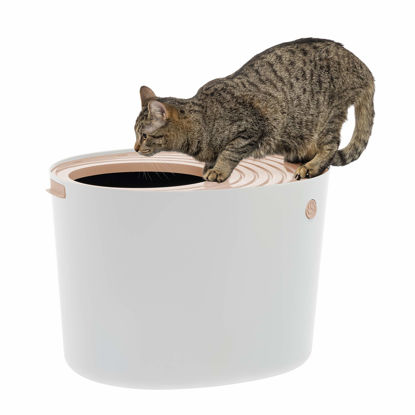 Picture of IRIS USA Large Top Entry Cat Litter Box with Scoop, Stylish Round Cat Litter Box Enclosure, Kitty Litter Box, White/Beige
