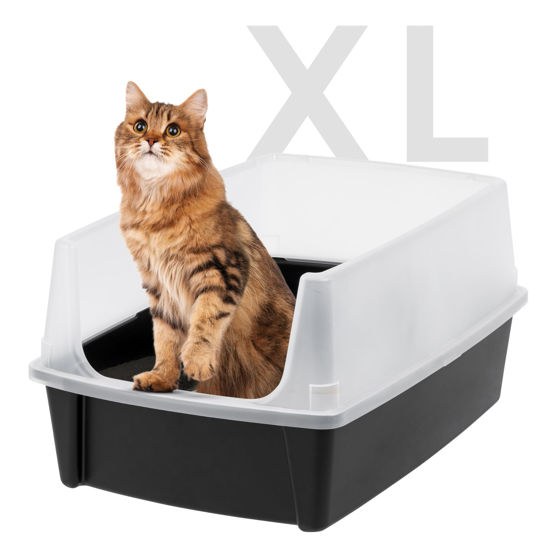 Picture of IRIS USA Extra Large Open Top Cat Litter Box with Scatter Shield, Sturdy Easy to Clean Open Air Kitty Litter Pan with Tall Spray and Scatter Shield, Black