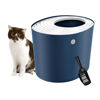 Picture of IRIS USA Large Stylish Round Top Entry Cat Litter Box with Scoop, Curved Kitty Litter Pan with Litter Particle Catching Grooved Cover and Privacy Walls, Navy/White