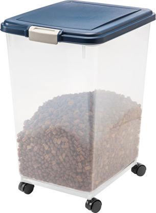 Picture of IRIS USA WeatherPro Airtight Dog Food Storage Container, Up to 54 lbs, Attachable Wheels, For Dog Cat Bird and Other Pet Food Storage Bin, Keep Fresh, Translucent Body, Easy Mobility, Navy