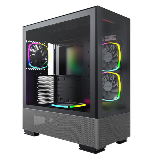 Picture of Montech Sky Two, Dual Tempered Glass, 4X PWM ARGB Fans Pre-Installed, ATX Gaming Mid Tower Computer Case, Type C, High Airflow Performance- Black