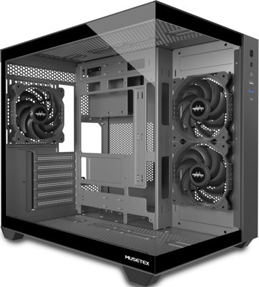 Picture of MUSETEX ATX PC Case, 3 x 120mm Fans Pre-Installed, 360MM RAD Support, 270° Full View Tempered Glass Gaming PC Case with Type-C, Mid Tower ATX Computer Case, Black, Y6
