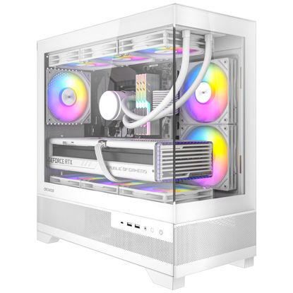 Picture of Okinos Aqua 5, Micro ATX Case, Support 360mm Radiator, 3 * 120mm ARGB Fan Pre-Installed MATX PC Case, Panoramic View Tempered Glass Front & Side Panel, with Type C Port, White