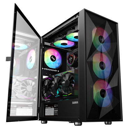 Picture of SAMA 3509 ATX Mid Tower Computer Case Steel Mesh Front Tempered Glass with Open Door 4 ARGB Fans Pre-Install USB3.0X2 360mm AIO Support at Front Black
