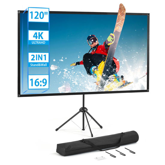 Picture of Projector Screen and Stand, Portable Projector Screen, 120 Inch 16:9, Outdoor Projector Screen, 1.2 Gain, 160 Degree View Angle, 2 Mounting Modes, Fast Setup, Idea for Home Cinema, Backyard Party.