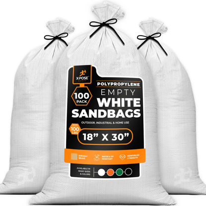 Picture of Woven Polypropylene Sand Bags for Flooding, Gravel-18" x 30" Sacks 100 lb Weight Limit, Military Grade Reusable Refillable Sand Bag for Hurricane Flood Protection, Empty Sandbags, White, Bundle of 100