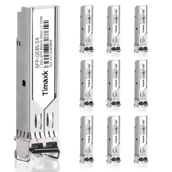 Picture of Timaxk 1.25G SFP 1000Base-SX, 850nm MMF, up to 550 Meters, LC Multi Mode 1G Fiber Transceiver Modular for Cisco, Meraki, Ubiquiti UniFi, Mikrotik, Intel, Netgear, D-Link, Qnap, Linksys and More