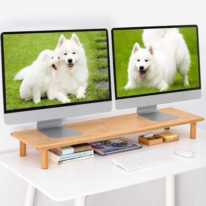 Picture of ROCDEER Bamboo Dual Monitor Shelf for 2 Monitors, Monitor Stand Riser, Underneath Storage for Desk Office Supplies, and Supports for Computer Monitor, Heavy TV Riser up to 130 lbs, Natural