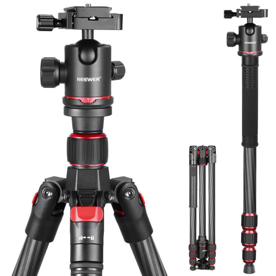 Picture of NEEWER 66"/168cm Carbon Fiber Tripod for Camera with 360° Panorama Ball Head, 1/4" Arca QR Plate, Portable Bag, Compact Travel Tripod Monopod for DSLR Video Camcorder, Max Load 26.5lb/12kg, N55C