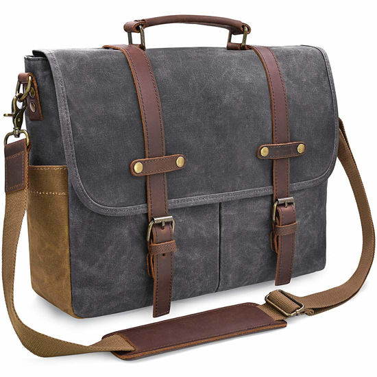 Picture of Mens Messenger Bag 15.6 Inch Waterproof Vintage Genuine Leather Waxed Canvas Briefcase Large Satchel Shoulder Bag Rugged Leather Computer Laptop Bag, Grey
