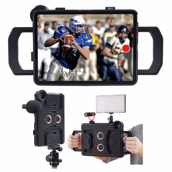 Picture of MegaMount Multimedia Rig Case Stabilizer for Apple iPad Pro 12.9" Latest 2021-22 5th Gen M1 2020 4th GEN and 2018 3rd Gen Attach Lenses Lights Mics for Video Recording. Mounts on Tripods and Monopods