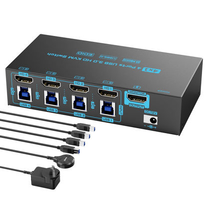 Picture of 8K HDMI 2.1 KVM Switch 4 Computers 4 Port USB 3.0 8K@60Hz/4K@144Hz 4 In 1 Out Keyboard Mouse KVM Switches EDID Emulator for 4 PCs Share 1 Monitor and 4 USB Devices, with 4 USB 3.0 Cable & Wired Remote
