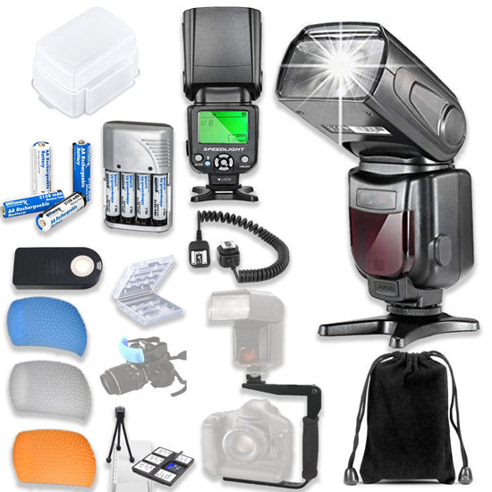 Picture of TTL Speed Light Flash for Canon DSLR Cameras Including EOS Rebel T3, T4, T6, T7, T1i, T2i, T3i, T4i, T5i, T6i, T7i + TTL Cord + L-Bracket + Flash Diffusers + 4 AA Rechargeable Batteries + Accessories
