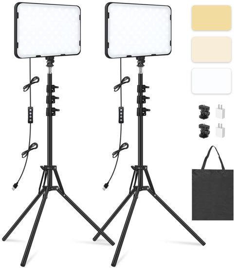 Picture of 2 Pack LED Video Light with 63'' Tripod Stand, Obeamiu 2500-8500K Dimmable Photography Studio Lighting for Video Film Recording/Collection Portrait/Live Game Streaming/YouTube Podcast, USB Charger