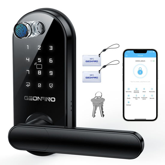 Picture of Smart Door Lock 6-in-1 Electronic Door Lock for Front Door Fingerprint Door Lock with Anti-Peeping, Auto-Lock Black Keyless Door Lock Digital Lock with Electric Door Knob, Biometric Handle for Home