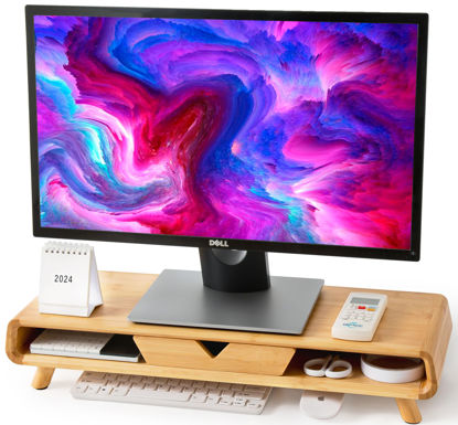 Picture of Homerays Bamboo Monitor Stand Riser, No Assembly Required Exquisite Monitor Stand with Drawer Ergonomic Height Wood Monitor Stand
