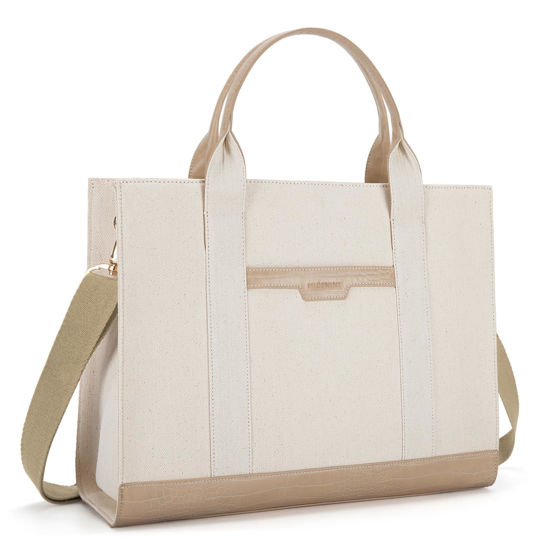 Picture of Missnine Tote Bag Canvas Laptop Bag 15.6 inch Briefcase for Women Large Capacity Handbag for Office, College, Travel (Croc-embossed Light Khaki)