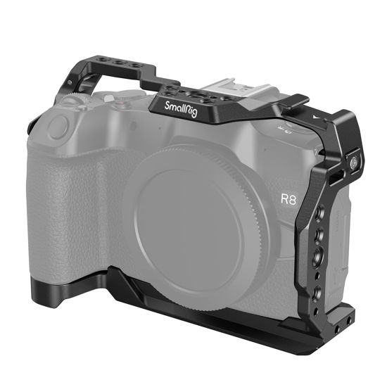 Picture of SmallRig Cage for Canon R8, Camera Cage for EOS R8 with1/4-20 Threaded Holes, 3/8"-16 Locating Holes for ARRI, Included Cold Shoe, QD Port and NATO Rail - 4212