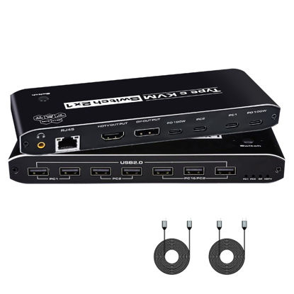 Picture of Type-C KVM Switch 8K@60Hz,Dual Monitor KVM Switches for 2PC Share 1 HDMI or 1 DP Out Single Monitor and Keyboard Mouse+AUX Audio Out with RJ45 Port for 2PC