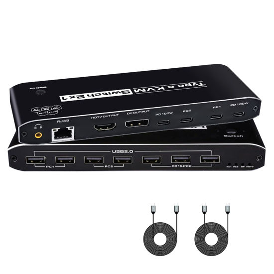 Picture of Type-C KVM Switch 8K@60Hz,Dual Monitor KVM Switches for 2PC Share 1 HDMI or 1 DP Out Single Monitor and Keyboard Mouse+AUX Audio Out with RJ45 Port for 2PC