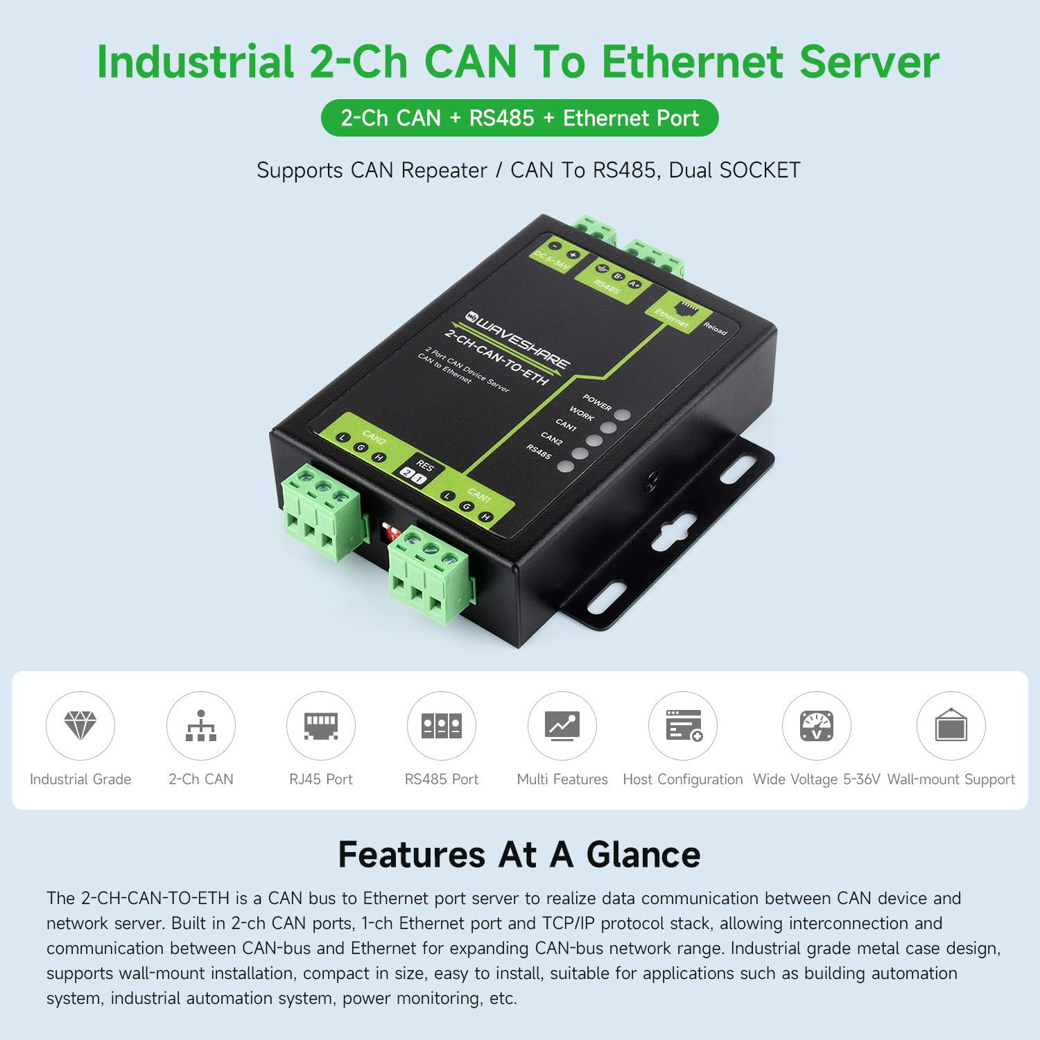 GetUSCart- Waveshare Industrial Grade 2-Ch CAN to Ethernet Server, 2-Ch ...