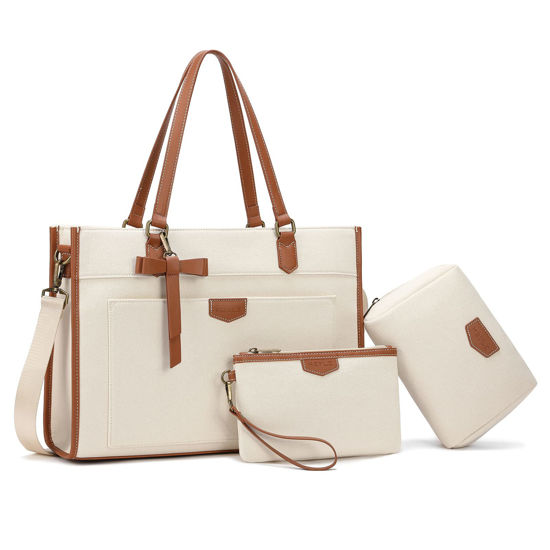Picture of Keyli Laptop Tote Bag Canvas Laptop Bag for Women 15.6 inch Casual Work Shoulder Bags Large Capacity Professional Business Office Computer Bag Briefcase Handbag Purses for Travel, Office, School Brown