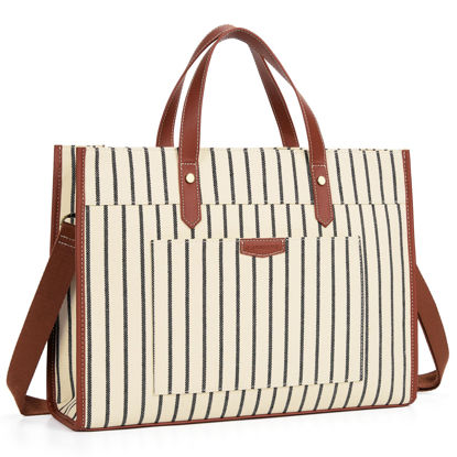 Picture of Missnine Laptop Tote Bag Canvas Laptop Bag 15.6 inch Work Shoulder Bags Casual Briefcase Handbag for Travel, Office, College (Stripe)